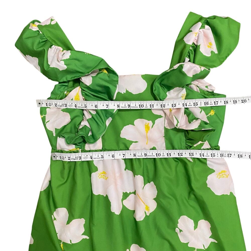 The Lulo Project Dress Green Hibiscus Floral Ruffles Dress Size L Smocked Back * - Picture 5 of 10
